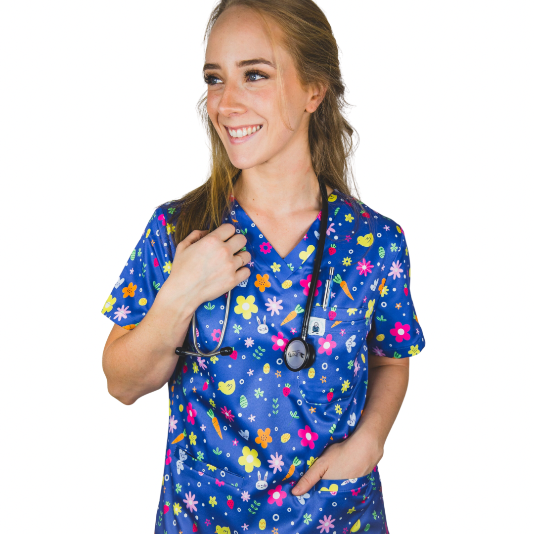 Easter scrubs tops- royal blue